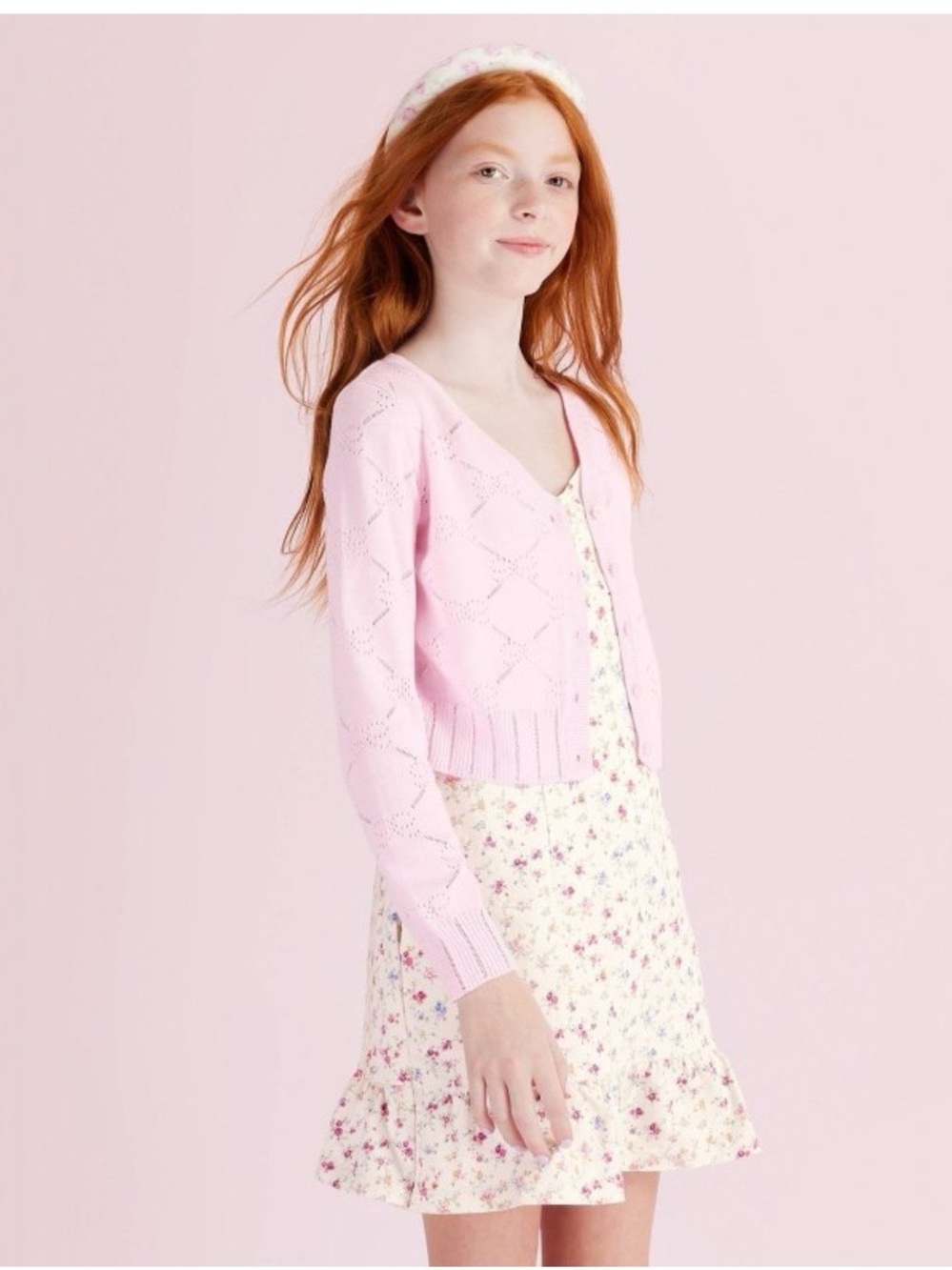 LoveShackFancy Pastel Pink Openwork V-Neck Cardigan